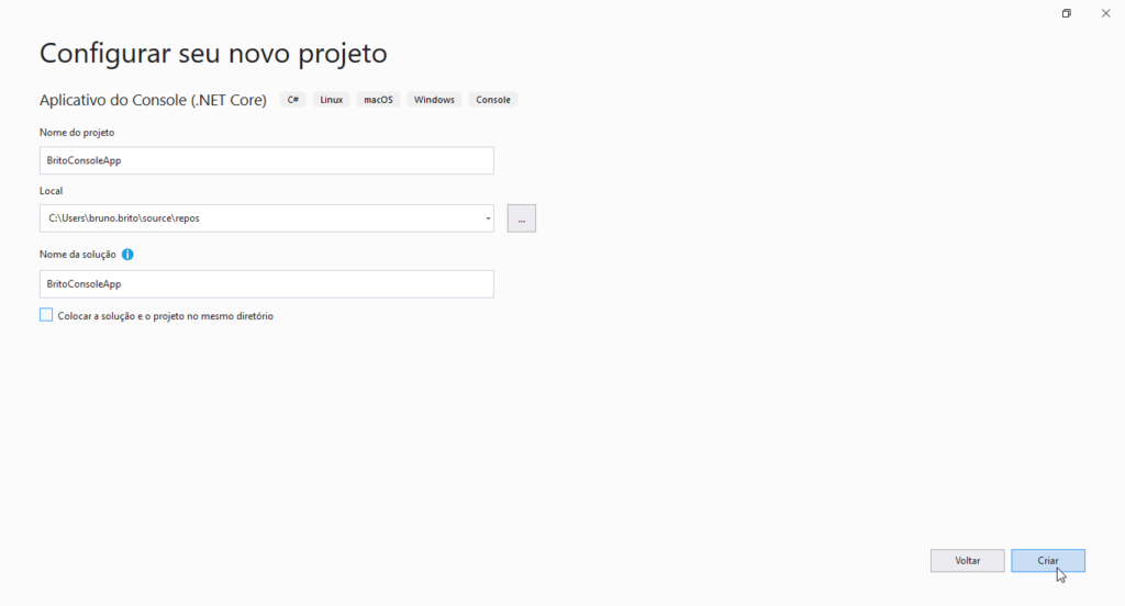 Tela do visual studio para configurar o novo projeto